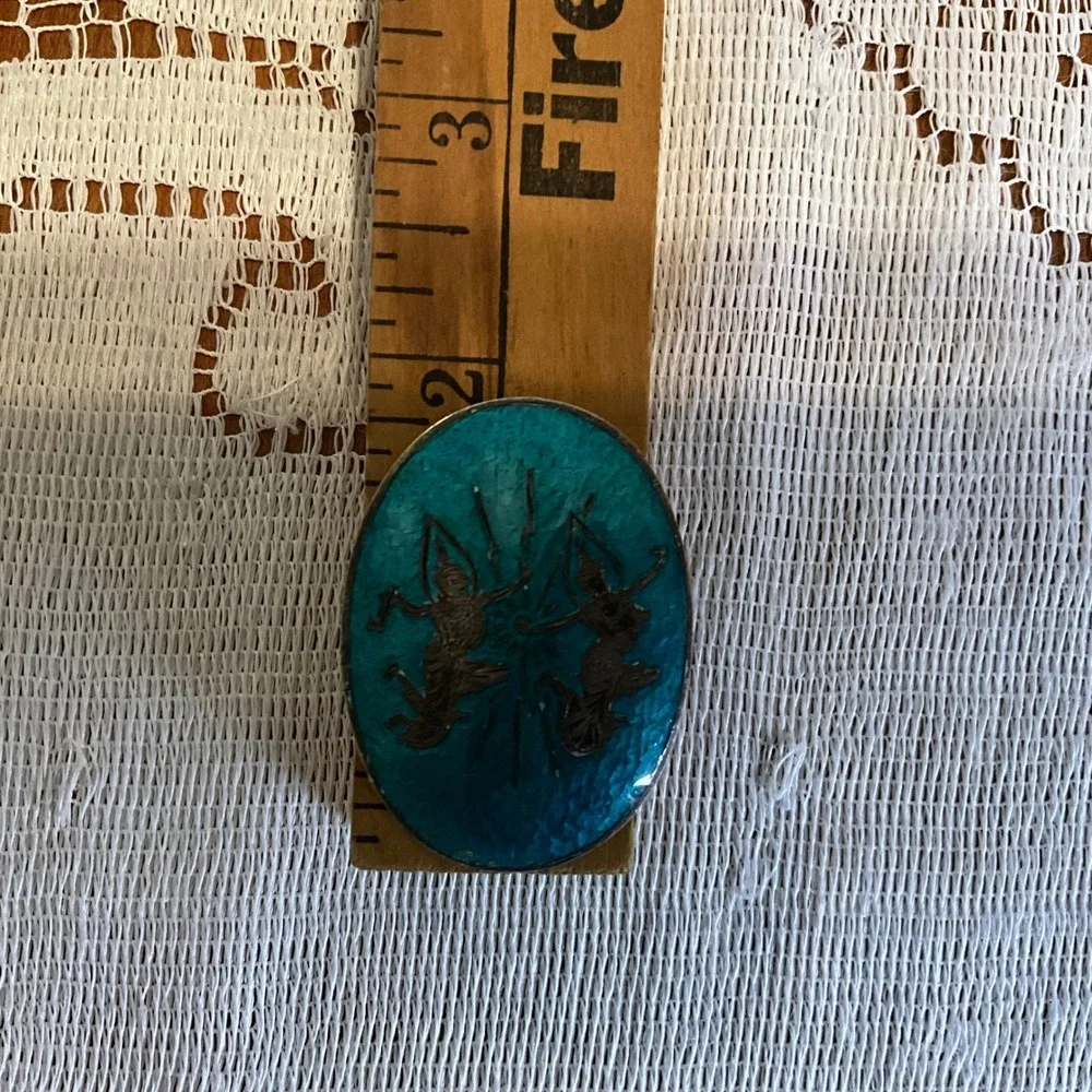 Vintage Siam Sterling Silver Turquoise‎ Enamel Mekkala Ramasoon Oval Brooch Pin